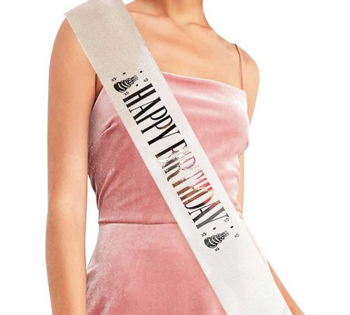 Beyaz Üzeri Gümüş Büyük Happy Birthday Yazılı Simli Işıltılı Kuşak Kemer 10 cm Genişlik