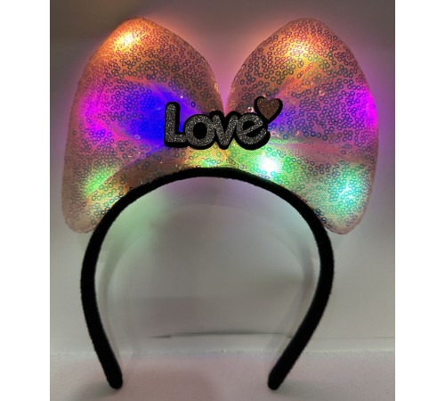 Led Işıklı 3 Farklı Fonksiyonda Yanan Gümüş Love Yazılı Toz Pembe Fiyonk Taç 20X17 cm