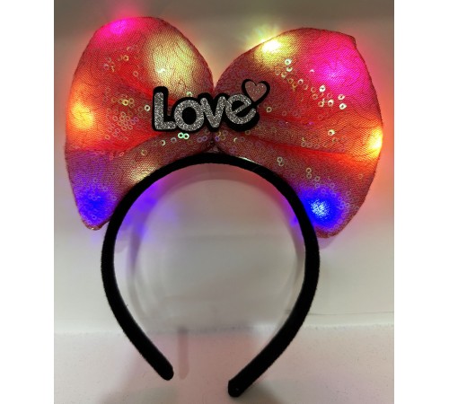 Led Işıklı 3 Farklı Fonksiyonda Yanan Gümüş Love Yazılı Fuşya Pembe Fiyonk Taç 20X17 cm