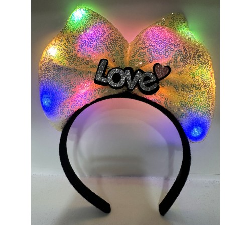 Led Işıklı 3 Farklı Fonksiyonda Yanan Gümüş Love Yazılı Sarı Fiyonk Taç 20X17 cm