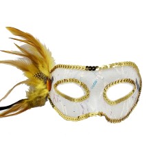 Altın Renk Yandan Tüylü Pul Payet İşlemeli Parti Maskesi 23x12 cm