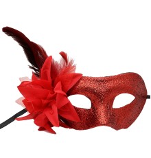 Kırmızı Renk Metalize Sim Görünümlü Parlak Tüylü Parti Maskesi 22x19 cm