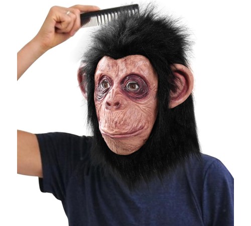 Siyah Saçlı Kafaya Tam Geçmeli Lateks Şempanze Maskesi - Lateks Maymun Orangutan Goril Maske Et Maske