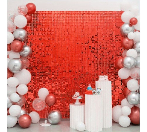 Kırmızı Renk Dikdörtgen Kesim Parlak Sim Görünümlü Fon Perde Dekor 1x2 Metre