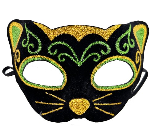 Siyah Kadife Kaplama Üzeri Sarı Yeşil Sim İşlemeli Kedi Maskesi 20x13 cm
