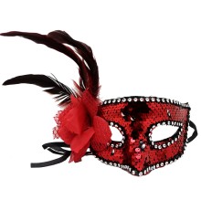 Kırmızı Renk Yandan Tüylü Güllü Gümüş Taşlı Pullu Maske 20x22 cm