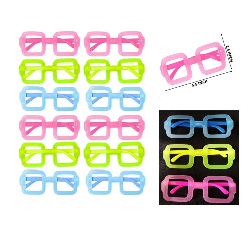 Fosforlu Kare Model Glow Parti Gözlüğü Karanlıkta Yanan Gözlükler 12 Adet