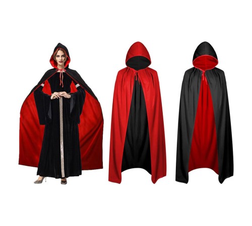 Çift Taraflı Kullanılabilir Siyah Kırmızı Kapişonlu Pelerin 140 cm Yetişkin