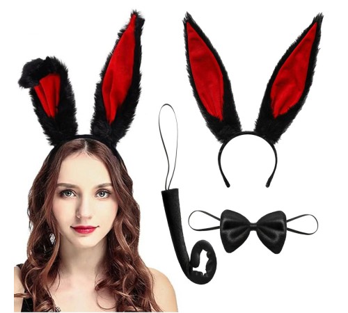 Siyah Kırmızı Renk Peluş Tavşan Kulak Papyon Kuyruk Yetişkin Boy