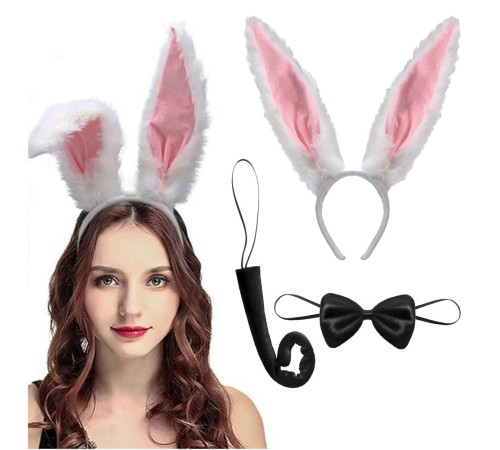 Pembe Beyaz Renk Peluş Tavşan Kulak Papyon Kuyruk Yetişkin Boy