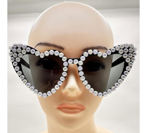 Siyah Renk İncili Kalp Şekilli Gelin Gözlüğü Bride Gözlüğü