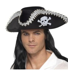 Yetişkin Siyah Denizci Korsan Şapkası Kenarları Gümüş İşlemeli