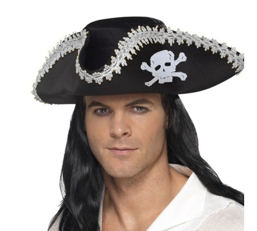 Yetişkin Siyah Denizci Korsan Şapkası Kenarları Gümüş İşlemeli