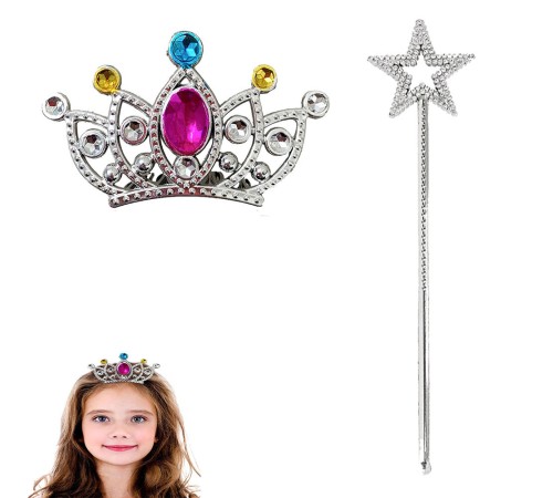 Çocuklar İçin Taraklı Prenses Tacı ve Prenses Yıldız Asa Seti Gümüş