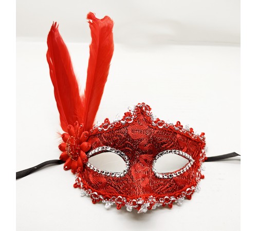 Kırmızı Renk Tüylü Dantelli Gözleri Taşlı Balo Parti Maskesi