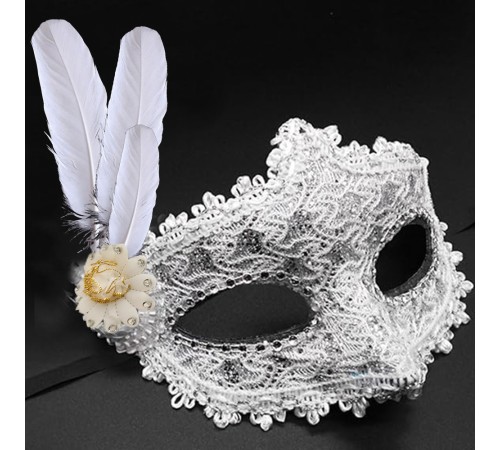 Beyaz Renk Tüylü Dantelli Gözleri Taşlı Balo Parti Maskesi