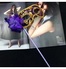 Lüks Taşlı Saplı Maskeli Balo Maskesi Mor Renk 35 cm