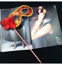 Lüks Taşlı Saplı Maskeli Balo Maskesi Kırmızı Renk 35 cm