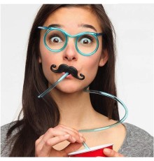 Pipetli Parti Gözlüğü - Çocuk ve Yetişkin Bıyıklı Pipet Gözlük Mavi Renk 18x14 cm