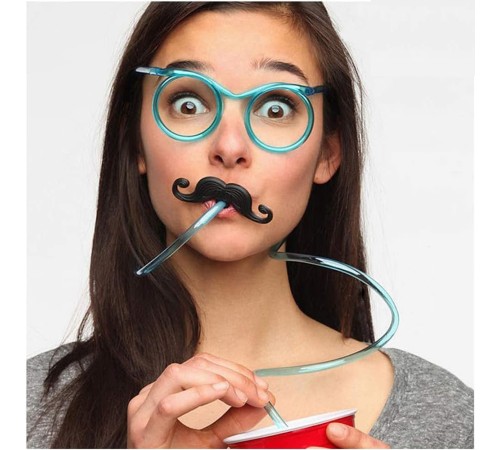 Pipetli Parti Gözlüğü - Çocuk ve Yetişkin Bıyıklı Pipet Gözlük Mavi Renk 18x14 cm