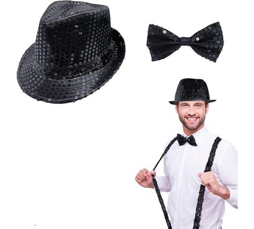 Siyah Payetli Şapka ve Papyon Seti – Parıltılı Yetişkin Kostüm Seti