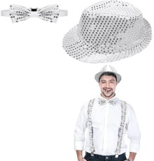 Gümüş Payetli Şapka ve Papyon Seti – Parıltılı Yetişkin Kostüm Seti