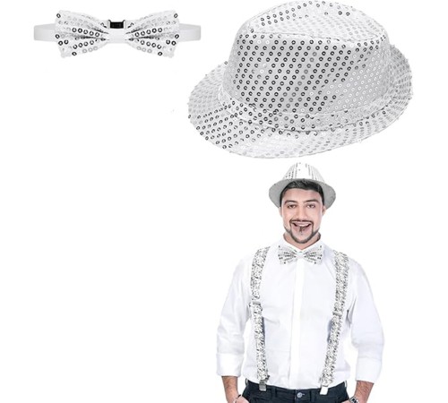 Gümüş Payetli Şapka ve Papyon Seti – Parıltılı Yetişkin Kostüm Seti