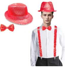 Kırmızı Payetli Şapka ve Papyon Seti – Parıltılı Yetişkin Kostüm Seti