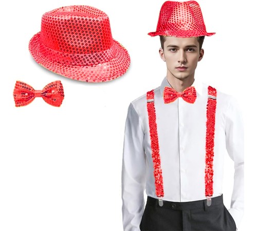 Kırmızı Payetli Şapka ve Papyon Seti – Parıltılı Yetişkin Kostüm Seti