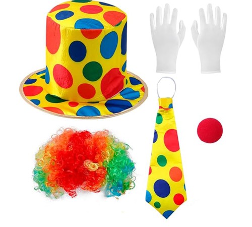 Renkli Palyaço Kostüm Seti – 5 Parça Aksesuar (Şapka, Peruk, Kravat, Eldiven, Burun)