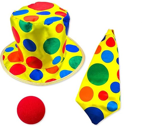 Renkli Palyaço Kostüm Seti – 3 Parça Aksesuar (Şapka, Kravat, Burun)