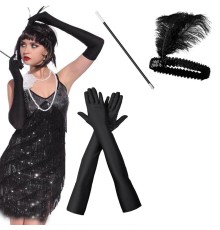 1920'ler Gatsby Aksesuar Seti – Siyah Charleston Saç Bandı, Uzun Eldiven & Sigaralık