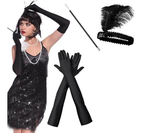 1920'ler Gatsby Aksesuar Seti – Siyah Charleston Saç Bandı, Uzun Eldiven & Sigaralık