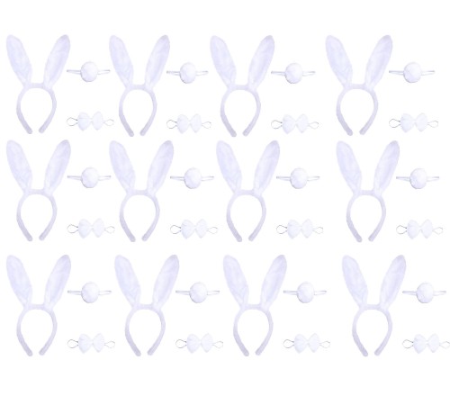 Beyaz Tavşan Kostüm Seti – Taç Papyon Kuyruk 12 li Paket