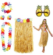 Hawaii Parti Kostüm Seti - 60 cm Hasır Etek, Çiçekli Aksesuarlar ve Ananas Gözlük