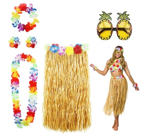 Hawaii Parti Kostüm Seti - 60 cm Hasır Etek, Çiçekli Aksesuarlar ve Ananas Gözlük