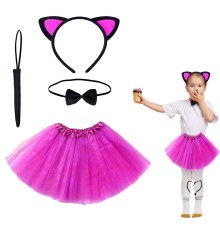 Fuşya Renk Etekli Kedi Kostüm Seti (Tütü, Taç, Papyon, Kuyruk)
