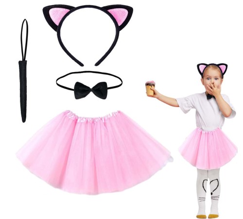 Pembe Renk Etekli Kedi Kostüm Seti (Tütü, Taç, Papyon, Kuyruk)