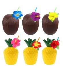 Ananas & Hindistan Cevizi Tasarımlı Pipetli Bardak Seti (6 Adet)