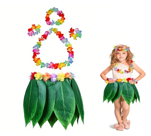 Çocuk Hawaii Kostüm Seti - Yaprak Etek & Hawaii Set - 5 Parça