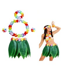 Yetişkin Hawaii Kostüm Seti - Yaprak Etek & Hawaii Set - 5 Parça