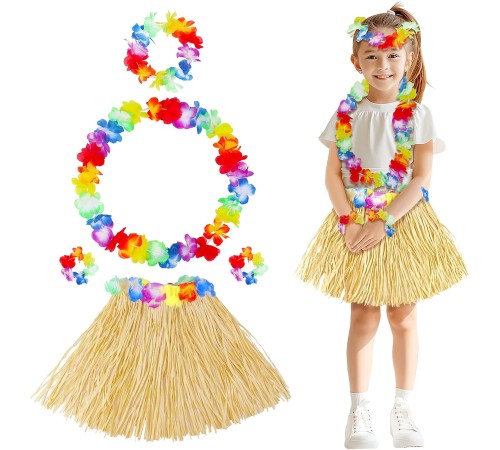 Yetişkin Çocuk Hawaii Parti Seti - 40 cm Naturel Etek + Çiçek Aksesuarlar (5 Parça)