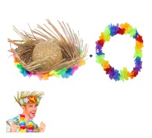 Hawaii Tarzı Tropikal Çiçekli Hasır Şapka ve Çiçekli Hawaii Kolye