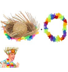 Hawaii Tarzı Tropikal Çiçekli Hasır Şapka ve Çiçekli Hawaii Kolye