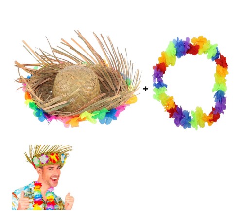 Hawaii Tarzı Tropikal Çiçekli Hasır Şapka ve Çiçekli Hawaii Kolye