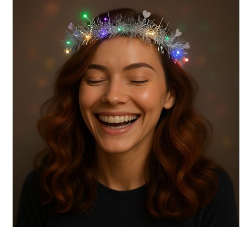 Kalp Püsküllü Gece Parıltısı 3 Modlu LED'li Işıklı Taç Gümüş Renk