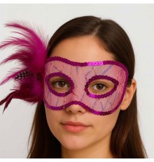 Fuşya Renk Yandan Tüylü Pul Payet İşlemeli Parti Maskesi 23x12 cm