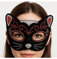 Kadife Dokulu Sim Detaylı Işıltılı Kedi Maskesi Kırmızı Gümüş 20x13 cm