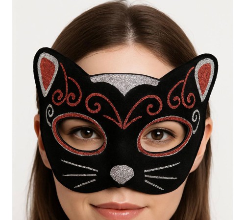Kadife Dokulu Sim Detaylı Işıltılı Kedi Maskesi Kırmızı Gümüş 20x13 cm