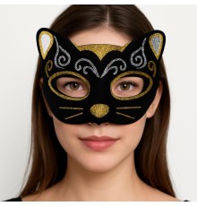 Kadife Dokulu Sim Detaylı Işıltılı Kedi Maskesi Altın Gümüş 20x13 cm